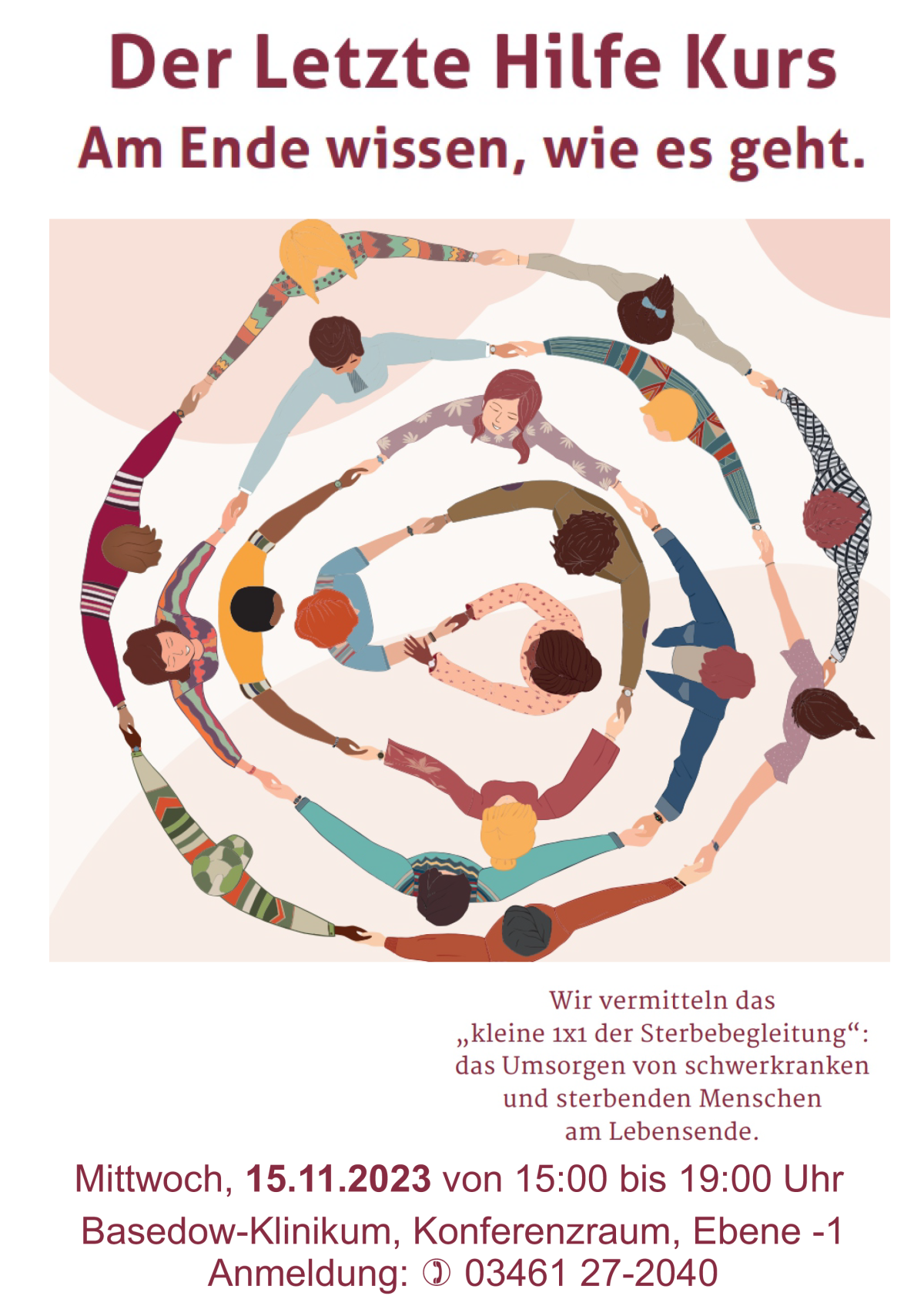 Plakat für den 1. Hilfekurs bei Sterbehilfe der Klinikseelsorge im Carl von Basedow Klinikum Merseburg